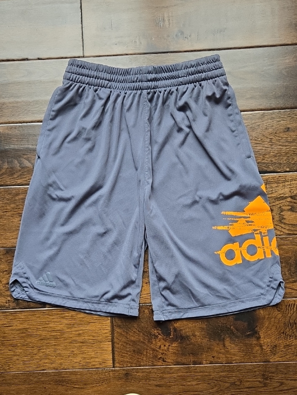 Adidas Boys Youth XL 18/20 Gray Athletic Shorts with Neon Orange Logo Accent